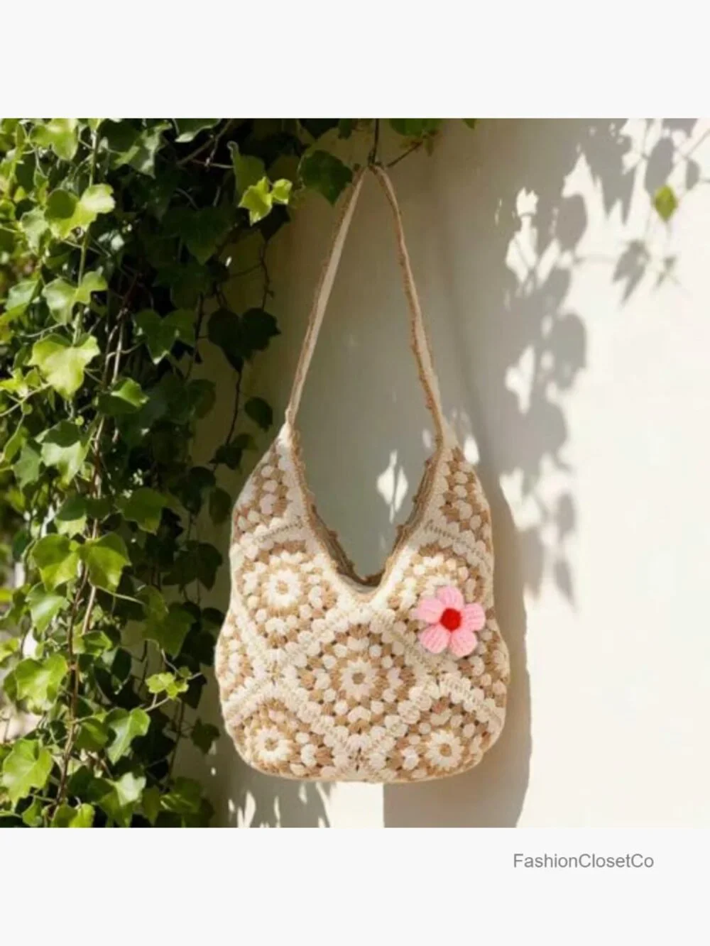 Hand-Crocheted Boho Hobo Tote Bag with Floral Decor, Large Capacity